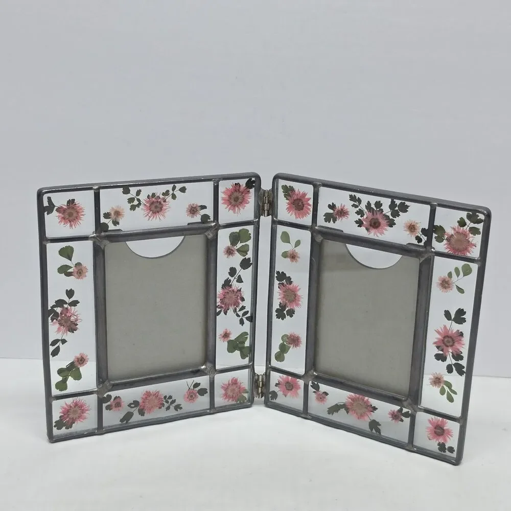 Pressed Flowers Metal Stained Glass Foldable Double Picture Frame By Malden